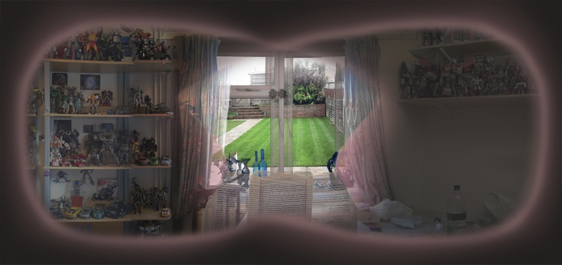 The thing upon which we focus is clear but everything else appears as two images. The further from the focal point the farther apart the images appear. Where duplicate images overlap they will be opaque, and transparent where they don't. As an optical illusion the transparency level seems different close to this overlap. I wanted to capture this as a painting or drawing when I was about 15 but I never got around to it. This photo took an unbelievable amount of effort to complete, with numerous photos that I later re-shot a few times, followed by many hours on Photoshop editing different layers, erasing everything and starting again, taking more photos, editing them and then erasing everything and starting yet again. Was it worth the effort? No, I was just too stubborn to give in. Will you appreciate all the effort I put in? No, you'll probably glance at it and say =Oh yes, that's clever= or =What? What the hell are you talking about? That's utter rubbish.= I don't care, it's something I've wanted to do for about 20 years and now that it's done it's taught me a lot about panoramas and transparency. ~A Collection Of Digitally Edited Pictures By Mykl~